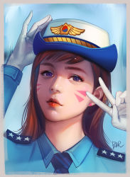Rule 34 | 1girl, artist name, blue background, blue shirt, border, brown hair, collared shirt, d.va (overwatch), earrings, eyeshadow, facepaint, facial mark, female service cap, gloves, hand on headwear, highres, jewelry, lipgloss, lips, long hair, long sleeves, looking at viewer, makeup, necktie, officer d.va, official alternate costume, overwatch, overwatch 1, peter xiao, portrait, purple eyes, shirt, signature, simple background, solo, star (symbol), stud earrings, swept bangs, upper body, v, whisker markings, white gloves