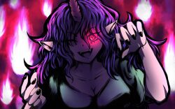 Rule 34 | 1girl, black nails, horns, long hair, non-web source, official art inset, oni horns, open mouth, pink horns, pointy ears, red eyes, shirt, solo, tenkajin chiyari, touhou, zun (style)