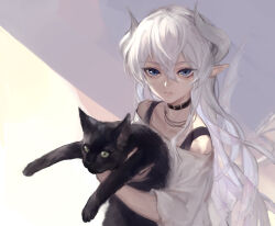 Rule 34 | 1girl, animal, black choker, blue eyes, cat, choker, dragon girl, dragon horns, dragon wings, hair between eyes, highres, holding, holding animal, holding cat, horns, jewelry, long hair, necklace, off-shoulder shirt, off shoulder, original, parted lips, pointy ears, shirt, solo, type-alpha, very long hair, white hair, wings