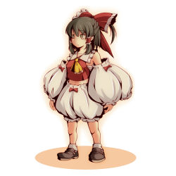 Rule 34 | 1girl, ao usagi, ascot, bloomers, bow, brown hair, commentary request, female focus, hair bow, hakurei reimu, navel, sarashi, simple background, solo, touhou, underwear, white background, yellow eyes