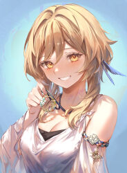 Rule 34 | 1girl, absurdres, artist name, bare shoulders, blonde hair, breasts, camisole, cleavage, commentary request, detached sleeves, genshin impact, grin, hand up, highres, holding, holding jewelry, holding necklace, jewelry, long hair, looking at viewer, lumine (genshin impact), necklace, smile, solo, una kamra, upper body, white camisole, white sleeves, yellow eyes