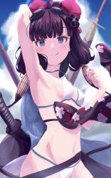 Rule 34 | 1girl, absurdres, arm up, armpits, bare shoulders, belt, bikini, blue eyes, blue sky, breasts, collarbone, fate/grand order, fate (series), floral print, goggles, goggles on head, hair ornament, highres, katana, katsushika hokusai (fate), katsushika hokusai (swimsuit saber) (fate), licking lips, long hair, looking at viewer, medium breasts, navel, obi, pizakame, purple hair, sash, sidelocks, sky, smile, solo, swimsuit, sword, tongue, tongue out, weapon, white bikini