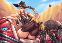 Rule 34 | 1girl, ashe (overwatch), ass, bare arms, bare shoulders, breasts, cassidy (overwatch), hip focus, huge ass, huge breasts, legs, nail polish, overwatch, overwatch 1, thick thighs, thighs, white hair, wide hips