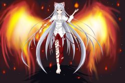 Rule 34 | 1girl, bare legs, barefoot, bow, breasts, cleavage, dress shirt, female focus, fiery wings, fire, fireball, fujiwara no mokou, full body, gmot, gradient background, hair bow, hair ribbon, long hair, ofuda, pants, red eyes, ribbon, shirt, silver hair, smile, solo, standing, torn clothes, torn pants, torn shirt, touhou, very long hair, wings