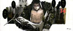Rule 34 | 1boy, abs, bare pectorals, black jacket, chinese text, dagger, dorohedoro, facial mark, highres, holding, holding dagger, holding knife, holding weapon, hole (dorohedoro), hood, hood up, hooded jacket, jacket, kai (dorohedoro), knife, looking at viewer, male focus, nano (c175311), navel, no nipples, open clothes, open jacket, pectorals, short hair, sitting, solo focus, spoilers, thick eyebrows, toned, toned male, translation request, unzipped, weapon, weibo logo, weibo watermark