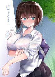 Rule 34 | 1girl, aqua eyes, bag, black skirt, blush, bra, bra visible through clothes, breasts, brown hair, collared shirt, commentary request, highres, large breasts, leaf, looking at viewer, medium hair, neco meito, original, pink bra, pleated skirt, rain, school bag, see-through, shirt, side ponytail, skirt, sleeves rolled up, solo, standing, twitter username, underwear, water drop, wet, wet clothes, wet shirt, white shirt