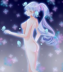 Rule 34 | 1girl, ass, ayaka (genshin impact), blue hair, closed eyes, commentary, completely nude, english commentary, genshin impact, grin, high ponytail, highres, light blue hair, non-web source, nude, self-upload, smile, snowflake background, solo