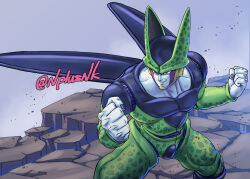 Rule 34 | 1boy, black nails, cell (dragon ball), clenched hands, colored skin, commentary, dragon ball, dragonball z, grey background, grey skin, hands up, looking to the side, male focus, muscular, muscular male, naomi (nplusn), parted lips, perfect cell, pink eyes, rock, smile, solo, squatting
