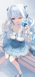 Rule 34 | 1girl, ;d, bare shoulders, bench, blue bag, blue eyes, blue footwear, blue nails, blue ribbon, blue skirt, breasts, commentary request, commission, cup, disposable cup, drink, drinking straw, foot out of frame, hair intakes, hair ornament, high heels, holding, holding drink, indie virtual youtuber, knees together feet apart, long sleeves, looking at viewer, momoyama momo, natsumiya ramune, on bench, one eye closed, open mouth, ribbon, shirt, sitting, skeb commission, skirt, smile, solo, twitter username, two side up, virtual youtuber, white hair, white shirt, white sleeves