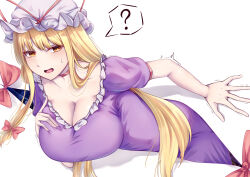 Rule 34 | ?, absurdres, blonde hair, blush, breasts, cleavage, commentary request, dress, gap (touhou), hair ribbon, hanging breasts, hat, highres, impossible clothes, impossible dress, large breasts, long hair, mirufui, mob cap, puffy short sleeves, puffy sleeves, purple dress, ribbon, short sleeves, sidelocks, spoken question mark, stuck, sweatdrop, through wall, touhou, tress ribbon, very long hair, white hat, yakumo yukari, yellow eyes
