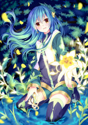 Rule 34 | 1girl, bad id, bad pixiv id, blue hair, blush, boots, earrings, floral print, flower, hair flower, hair ornament, iwashikami, jewelry, kneeling, long hair, long sleeves, looking at viewer, open hand, open mouth, original, petals, plant, shorts, solo, thigh boots, thighhighs, very long hair, yellow eyes, zettai ryouiki