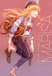 Rule 34 | 1girl, alternate costume, bag, barefoot, blonde hair, braid, capri pants, casual, character name, contemporary, denim, english text, hat, highres, jacket, jeans, kirisame marisa, long hair, no socks, norizc, open clothes, open jacket, open mouth, pants, putting on shoes, shirt, shoe dangle, shoes, unworn shoes, shoulder bag, single braid, single shoe, smile, solo, star (symbol), touhou, yellow eyes