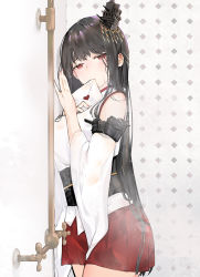 Rule 34 | 1girl, bare shoulders, black hair, blush, breasts, detached sleeves, envelope, fusou (kancolle), hair ornament, headgear, heart, holding, japanese clothes, kantai collection, letter, long hair, looking at viewer, love letter, neko (ganecooo), nontraditional miko, red eyes, red skirt, skirt, solo