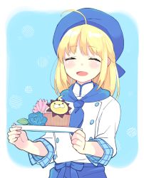Rule 34 | 1girl, 87banana, ahoge, alternate hairstyle, apron, artoria pendragon (all), artoria pendragon (fate), blue apron, blue background, blue flower, blue hat, blue necktie, blue rose, blush, border, buttons, chef, closed eyes, commentary request, cupcake, double-breasted, fate/stay night, fate (series), flower, food, hat, holding, holding plate, jacket, lion, looking at viewer, necktie, open mouth, plate, rose, saber (fate), short hair, simple background, smile, solo, waist apron, white background, white jacket