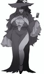 Rule 34 | 1girl, ariesuzu (ariessz), breasts, card, cleavage, cleavage cutout, clothing cutout, dress, fangs, floating card, greyscale, hat, high heels, highres, huge breasts, long hair, mole, mole on breast, mole under mouth, monochrome, navel, open mouth, original, sleeves past fingers, sleeves past wrists, smile, solo, very long hair, white background, witch, witch hat