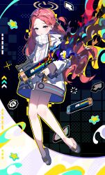 Rule 34 | 1girl, absurdres, blue archive, blue eyes, blush, braid, floating, forehead, grey footwear, gun, halo, handheld game console, highres, hiro (yoshi chan), holding, holding gun, holding weapon, jacket, long hair, long sleeves, looking at viewer, multicolored background, nyan cat, nyanyanyanyanyanyanya! (vocaloid), one side up, orange halo, pixels, single braid, slippers, solo, thighs, weapon, weapon request, white jacket, yuzu (blue archive)