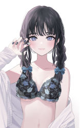 Rule 34 | 1girl, black hair, black nails, blue bow, blue eyes, blush, bow, braid, breasts, closed mouth, collarbone, fingernails, floral print, hair bow, highres, jacket, looking at viewer, medium breasts, medium hair, mole, mole on breast, nail art, nail polish, navel, off shoulder, open clothes, open jacket, original, pink lips, resolution mismatch, revision, simple background, slit pupils, smile, solo, source larger, sutochan, twin braids, twintails, white background, white jacket