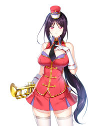 Rule 34 | 1girl, alternate hair color, band uniform, bare shoulders, black necktie, breasts, bright pupils, buttons, cleavage cutout, closers, clothing cutout, collared jacket, cowboy shot, double-breasted, fold-over gloves, gloves, hand on own chest, hand up, hat, highres, holding, holding instrument, holding trumpet, impossible clothes, impossible jacket, instrument, jacket, large breasts, legs apart, long hair, looking at viewer, marching band, mini shako cap, miniskirt, mirae (closers), necktie, official art, parted bangs, parted lips, pleated skirt, ponytail, purple hair, red eyes, red hat, red jacket, red skirt, shako cap, sidelocks, skirt, sleeveless, sleeveless jacket, solo, standing, thighhighs, trumpet, uniform, very long hair, white background, white gloves, white pupils, white thighhighs, wing collar, zettai ryouiki