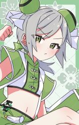 Rule 34 | 1girl, :/, blush, border, bow, breasts, bun cover, chinese clothes, clenched hand, cropped shirt, crossed legs, double bun, floral background, green background, green border, green bow, green eyes, green nails, green shirt, green shorts, grey hair, grid background, hair bow, hair bun, hand up, hinomori shiho, knees up, looking at viewer, low ponytail, medium hair, midriff, navel, outside border, project sekai, sanjuqing&#039;an, shirt, short sleeves, shorts, sitting, small breasts, solo, upper body, v-shaped eyebrows