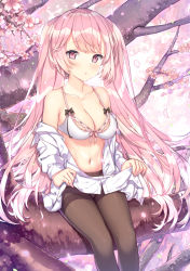 Rule 34 | 1girl, absurdres, bare shoulders, black bow, black pantyhose, blush, bow, bra, breasts, cherry blossoms, cleavage, closed mouth, collarbone, commentary request, hatsune miku, highres, jyt, long sleeves, looking at viewer, medium breasts, no pants, off shoulder, open clothes, open shirt, outdoors, panties, panties under pantyhose, pantyhose, petals, pink eyes, pink hair, pink ribbon, ribbon, ribbon bra, sakura miku, shirt, sitting, solo, thighband pantyhose, tree, twintails, underwear, vocaloid, white bra, white shirt
