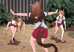 Rule 34 | 3girls, ^ ^, absurdres, animal ears, brown hair, clone, closed eyes, el condor pasa (umamusume), closed eyes, false smile, grass wonder (umamusume), gym uniform, highres, horse ears, horse girl, horse tail, hot sauce, jurassic park, jurassic world, leaning forward, long hair, meme, multiple girls, open mouth, outdoors, outstretched arms, petoka, plant, ponytail, prattkeeping (meme), red shorts, scene reference, shaded face, shadow, shirt, shoes, short sleeves, shorts, smile, sneakers, socks, spread arms, standing, sweat, nervous sweating, tail, umamusume, white shirt, white socks