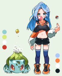 Rule 34 | 1girl, bad id, bad twitter id, black shorts, blue eyes, blue hair, blue thighhighs, blush, borrowed character, breasts, blowing bubbles, bulbasaur, chewing gum, clothing cutout, collarbone, color guide, commission, creatures (company), crop top, crossover, cutoffs, exposed pocket, full body, game freak, gen 1 pokemon, highres, hyou (hyouga617), long hair, medium breasts, midriff, bae minah (chaesu), multicolored sleeves, navel, nintendo, original, poke ball, poke ball (basic), pokemon, pokemon (creature), shoes, shorts, shoulder cutout, skeb commission, sneakers, striped sleeves, thighhighs