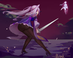 Rule 34 | 2girls, artist request, ass, bare shoulders, clone, dress, from behind, genshin impact, highres, keqing (genshin impact), long hair, multiple girls, panties, panties under pantyhose, pantyhose, purple dress, purple hair, short dress, sword, twintails, underwear, very long hair, weapon