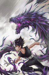 Rule 34 | 1boy, absurdres, bandaged arm, bandaged hand, bandages, belt, black hair, breath weapon, closed mouth, dragon, fire, freichien, glowing, glowing eyes, hiei, highres, male focus, open mouth, purple eyes, purple fire, red eyes, sharp teeth, signature, solo, spiked hair, teeth, tongue, torn, torn clothes, veins, white hair, yuu yuu hakusho