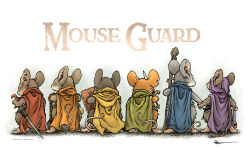 Rule 34 | artist name, back, blue cape, cape, commentary, david petersen, english commentary, green cape, hand grab, hood, hood up, mouseguard (comic), orange cape, purple cape, rainbow flag, red cape, shield, simple background, slingshot (weapon), staff, sword, weapon, western comics (style), yellow cape