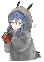 Rule 34 | 1girl, animal costume, blue eyes, blue hair, commentary request, eighth note, gift, gotland (kancolle), hair bun, kantai collection, long hair, mole, mole under eye, musical note, open mouth, satsumi, sheep costume, simple background, single hair bun, solo, upper body, white background