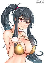 Rule 34 | 1girl, 1other, :3, alternate costume, bikini, black hair, breasts, cleavage, dated, from side, gold bikini, hair between eyes, hair ornament, hair scrunchie, kantai collection, large breasts, long hair, looking at viewer, looking to the side, one-hour drawing challenge, ponytail, purple scrunchie, red eyes, scrunchie, shiromaru (maniado), smile, twitter username, upper body, yahagi (kancolle), | |