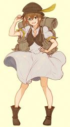 Rule 34 | 1girl, absurdres, bag, brown hair, cosplay, crossed bangs, dress, hat, highres, looking at viewer, no-shio, octopath traveler, octopath traveler i, open mouth, simple background, smile, solo, tressa (octopath traveler)