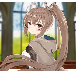 Rule 34 | 1girl, ahoge, blurry, blurry background, brown capelet, brown cloak, brown corset, brown eyes, brown hair, cape, capelet, cleavage cutout, cloak, clothing cutout, corset, crossed bangs, feather hair ornament, feathers, grin, hair ornament, hairclip, hieroglyphics, highres, hololive, hololive english, long hair, looking at viewer, multicolored hair, nanashi mumei, nanashi mumei (1st costume), notobi, ponytail, ribbon, shirt, smile, streaked hair, very long hair, virtual youtuber, white shirt, window
