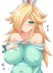Rule 34 | 1girl, :t, bare shoulders, belly, blonde hair, blush, breast suppress, breasts, covered erect nipples, crown, dress, earrings, frown, green eyes, hair over one eye, hands on breasts, huge breasts, impossible clothes, jewelry, konno tohiro, large breasts, long hair, mario (series), nail polish, navel, nintendo, plump, puffy nipples, rosalina, sleeveless, sleeveless dress, super mario galaxy, translated