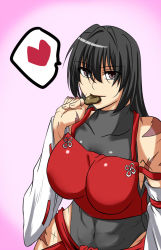 Rule 34 | 1girl, abs, black hair, breasts, brown eyes, chocolate, cookie, covered navel, detached sleeves, food, heart, highres, large breasts, long hair, m.u.g.e.n, mouth hold, nontraditional miko, original, samuimu, scar, sendai hakurei no miko, simple background, solo, spoken heart, touhou