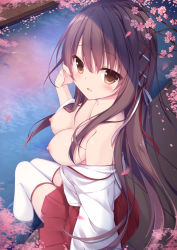 Rule 34 | 1girl, blush, breasts, breasts out, brown eyes, brown hair, cherry blossoms, cleavage, collarbone, commentary, hair ribbon, hakama, hakama skirt, hand in own hair, highres, japanese clothes, long hair, long sleeves, looking at viewer, medium breasts, miko, nipples, open mouth, original, pool, ribbon, shirosei mochi, sitting, skirt, solo, symbol-only commentary, thighhighs, white thighhighs, wide sleeves