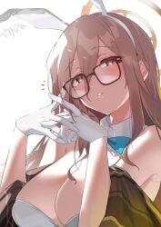 Rule 34 | 1girl, akane (blue archive), akane (bunny) (blue archive), animal ears, blue archive, blush, bow, bowtie, breasts, brown hair, cleavage, detached collar, fake animal ears, glasses, gloves, hairband, half-closed eyes, halo, highres, large breasts, leotard, long hair, looking at viewer, own hands together, parted lips, playboy bunny, rabbit ears, rokugatsu shigure, solo, traditional bowtie, upper body