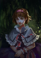 Rule 34 | 1girl, alice margatroid, alternate eye color, backlighting, blonde hair, blue dress, blurry, brown hair, c88, capelet, dark, dress, embellished costume, frills, hair ornament, hairband, lips, looking at viewer, popped collar, portrait, realistic, ribbon, short hair, smile, solo, touhou, wrist cuffs, yellow eyes