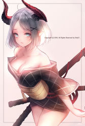 Rule 34 | 1girl, ahoge, artist name, bare shoulders, black kimono, blue eyes, breasts, cleavage, closed mouth, cowboy shot, demon horns, dual wielding, hair ornament, holding, horns, japanese clothes, kimono, kimono pull, kimono skirt, large breasts, leaning forward, looking at viewer, mole, mole under eye, obi, off shoulder, original, sash, shale, sheath, sheathed, short hair, silver hair, solo, sword, watermark, weapon, x hair ornament
