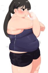Rule 34 | 1girl, arm across chest, black hair, blue eyes, blush, character request, clenched hands, copyright request, covered navel, cowboy shot, fat, from side, highres, jitome, long hair, muffin top, nimo (b45ui), parted lips, plump, ponytail, sanpaku, shorts, sigh, simple background, sleeveless, solo, standing, stretching, sweat, thick arms, thick thighs, thighs, white background