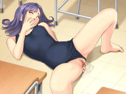 Rule 34 | 00s, 1girl, after (game), barefoot, blue one-piece swimsuit, breasts, chair, classroom, clitoris, closed eyes, collarbone, covered erect nipples, desk, feet, lying, masturbation, on floor, one-piece swimsuit, open mouth, puddle, purple hair, pussy, pussy juice, school, school swimsuit, shape shifter, small breasts, spread pussy, swimsuit, tony taka