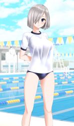 Rule 34 | 1girl, absurdres, alternate costume, arms behind back, blue eyes, blue one-piece swimsuit, blue sky, breasts, cloud, commentary request, competition school swimsuit, day, feet out of frame, grey hair, gym shirt, hair ornament, hair over one eye, hairclip, hamakaze (kancolle), highres, kantai collection, lane line, large breasts, looking at viewer, one-piece swimsuit, outdoors, parted lips, pool, school swimsuit, shirt, short hair, sky, solo, string of flags, swimsuit, swimsuit under clothes, t-shirt, takafumi, white shirt