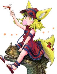 Rule 34 | + +, 1girl, animal ears, blonde hair, blowing bubbles, blunt bangs, blush, bow, bug, chewing gum, commentary request, curly hair, doitsuken, dragon, dragonfly, dress, ears through headwear, fox tail, hand up, hat, index finger raised, insect, insect on finger, multiple tails, original, red bow, red dress, red footwear, red hat, sandals, short hair, simple background, solo, tail, tail bow, tail ornament, thick eyebrows, two tails, white background, yellow eyes