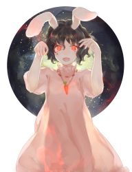 Rule 34 | 1girl, animal ears, bad id, bad pixiv id, black hair, carrot, dress, glowing, glowing eyes, gradient background, highres, inaba tewi, jewelry, looking at viewer, necklace, open mouth, pink dress, puffy sleeves, rabbit ears, red eyes, see-through silhouette, shinigami (pixiv4727902), short hair, short sleeves, simple background, smile, solo, touhou