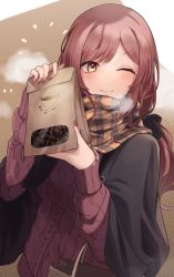 Rule 34 | 1girl, ;), absurdres, bag, black jacket, blush, brown eyes, brown hair, closed mouth, coffee beans, commentary request, highres, holding, holding bag, idolmaster, idolmaster shiny colors, jacket, long hair, long sleeves, looking at viewer, nail polish, odecono3, one eye closed, osaki amana, plaid, plaid scarf, red nails, red sweater, scarf, smile, solo, sweater, upper body, v-shaped eyebrows