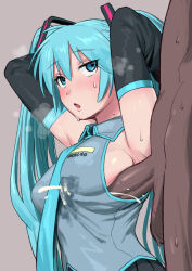 Rule 34 | 1boy, 1girl, absurdres, armpits, arms behind head, blue eyes, blue hair, blue necktie, blush, breasts, collared shirt, cum, cum in clothes, cum through clothes, dark-skinned male, dark skin, ejaculation, hatsune miku, hetero, highres, keiichi r18, long hair, looking at another, medium breasts, necktie, open mouth, penis, penis to breast, penis under another&#039;s clothes, shirt, simple background, sleeveless, sleeveless shirt, solo focus, sweat, testicles, twintails, vocaloid