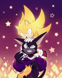 Rule 34 | 1boy, 1girl, animal ears, cat ears, cat girl, cat tail, claws, couple, diamond (shape), dress, ebony the mystic mog, fang, fleetway super sonic, gloves, green eyes, highres, long dress, looking down, looking up, purple dress, shiliria, smile, sonic (series), sonic the comic, sonic the hedgehog, star (symbol), super sonic, tail, teeth, white gloves