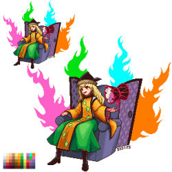 Rule 34 | 1girl, :d, black footwear, black hat, blonde hair, blue fire, boots, chain, chair, circle, color guide, constellation, constellation print, detached sleeves, door, drum, eyebrows, fire, full body, green fire, green skirt, hat, high heel boots, high heels, instrument, long hair, long skirt, long sleeves, matara okina, open door, open mouth, orange eyes, pink fire, pixel art, shikido (khf), shirt, simple background, sitting, skirt, smile, solo, spread legs, tabard, touhou, tsuzumi, white background, white shirt, wide sleeves