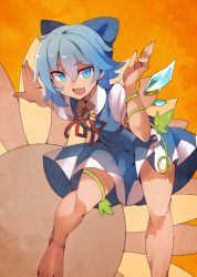 Rule 34 | 1girl, barefoot, blue dress, blue eyes, blue hair, blue ribbon, bow, cirno, dress, fairy wings, fang, flower, fuukadia (narcolepsy), hair between eyes, hair bow, ice, ice wings, open mouth, orange background, puffy sleeves, ribbon, short hair, short sleeves, skin fang, solo, sunflower, tanned cirno, textless version, thigh strap, touhou, wings