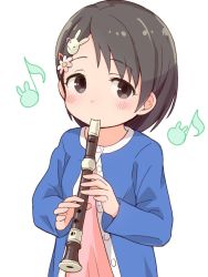 Rule 34 | 1girl, blue jacket, blush, brown eyes, brown hair, closed mouth, dress, eighth note, flower, flute, hair flower, hair ornament, hairclip, holding, holding flute, holding instrument, idolmaster, idolmaster cinderella girls, instrument, jacket, long hair, long sleeves, looking at viewer, music, musical note, open clothes, open jacket, pink dress, pink flower, playing instrument, rabbit hair ornament, recorder, sasaki chie, simple background, solo, tadanoshi kabane, upper body, white background